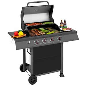 4-Burner BBQ Liquid Propane Gas Grill with Side Shelves in Gray Perfect Patio Garden Picnic Backyard Barbecue Grill