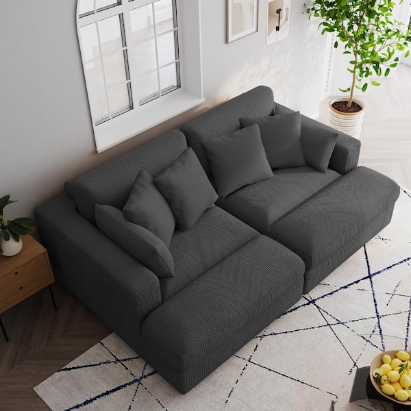 Uixe 83.9 in. W Modern Square Arm Corduroy Upholstered Sectional Sofa in. Gray With 4-Square Pillows