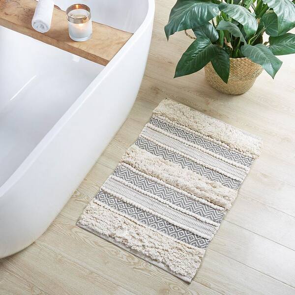 20 in. x 32 in. Grey Woven Texture Stripe Bath Rug, Washable Bath