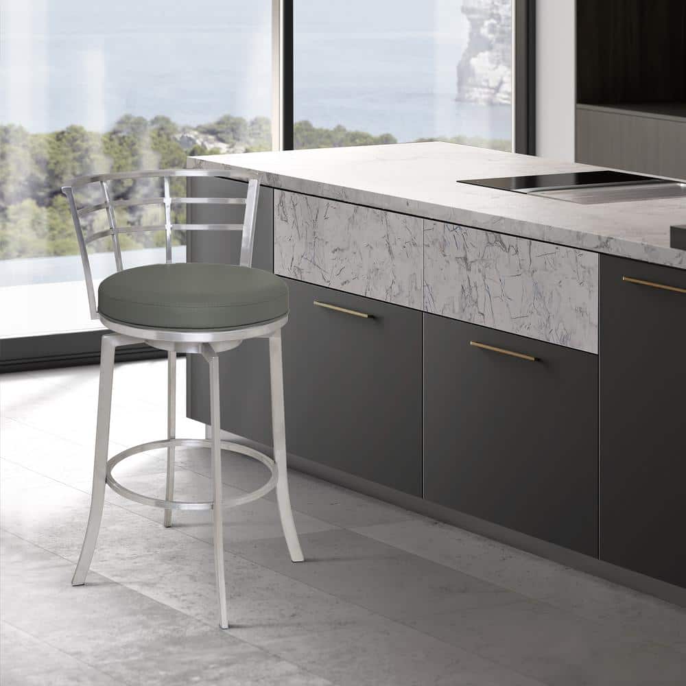Viper 26 in. Bar Stool in Brushed Stainless Steel with Grey Pu upholstery