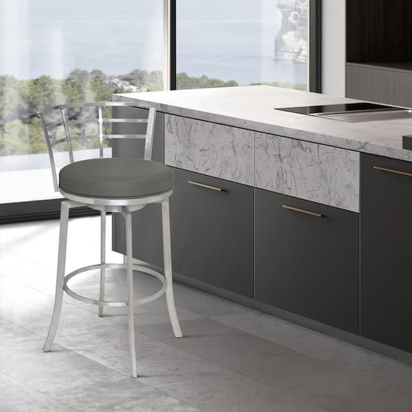 Armen Living Viper 26 in. Bar Stool in Brushed Stainless Steel with Grey Pu upholstery