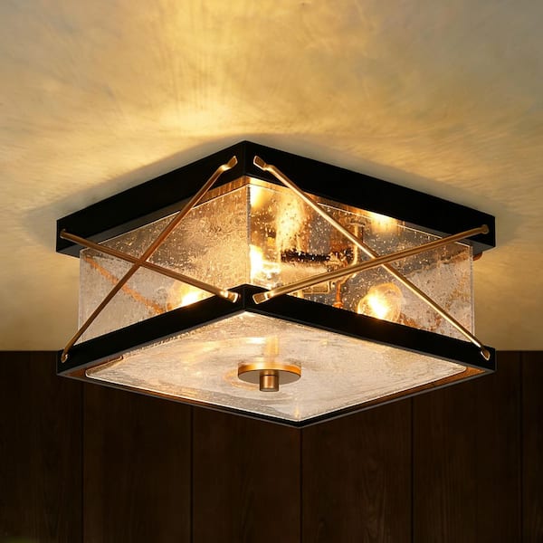 3-Light Flat Black Flush Mount Light with Square Seeded Glass Panels, 11 in. Modern Dark Gold Ceiling Light for Bedroom