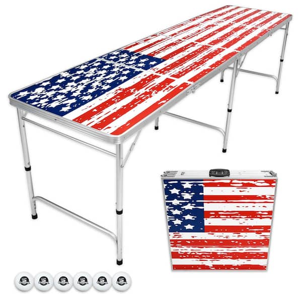 GoFloats 8 ft. Foldable American Flag Beer Pong Party Game Table Lightweight Aluminum Design Indoor Outdoor Portable Drinking