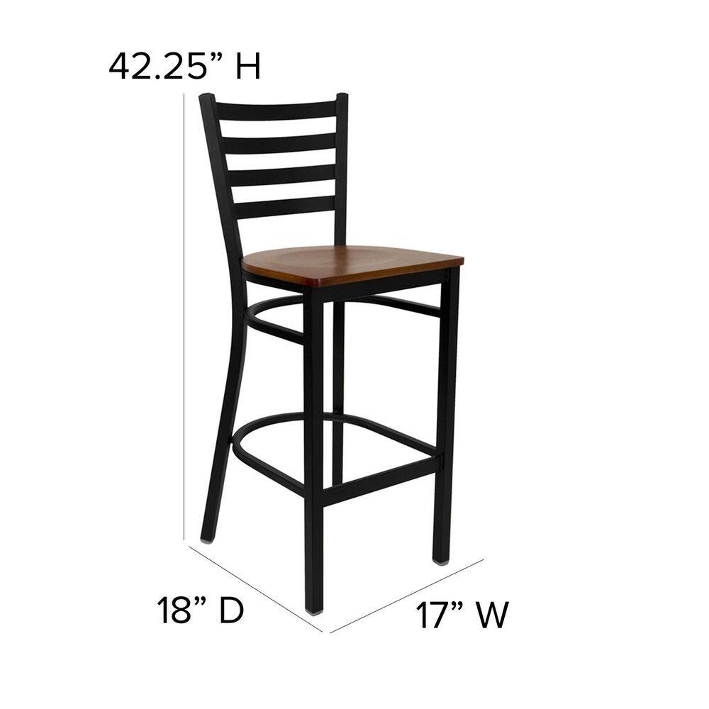 Elegant Ladder Back Black Metal Barstool with Cherry Wood Seat