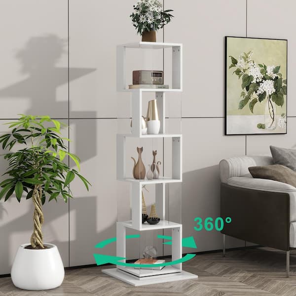 FUNKOL 5-Shelf White Minimalist Particleboard Rotating Bookshelf (19.68 ...