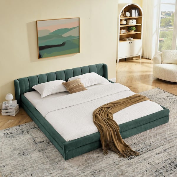 Lilah Blue+Green Wood Frame King Size Platform Bed with Fabric Upholstered Headboard