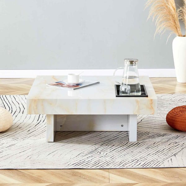 Polibi 31.4 in. White Square Faux Marble Coffee Table with Marble Pattern