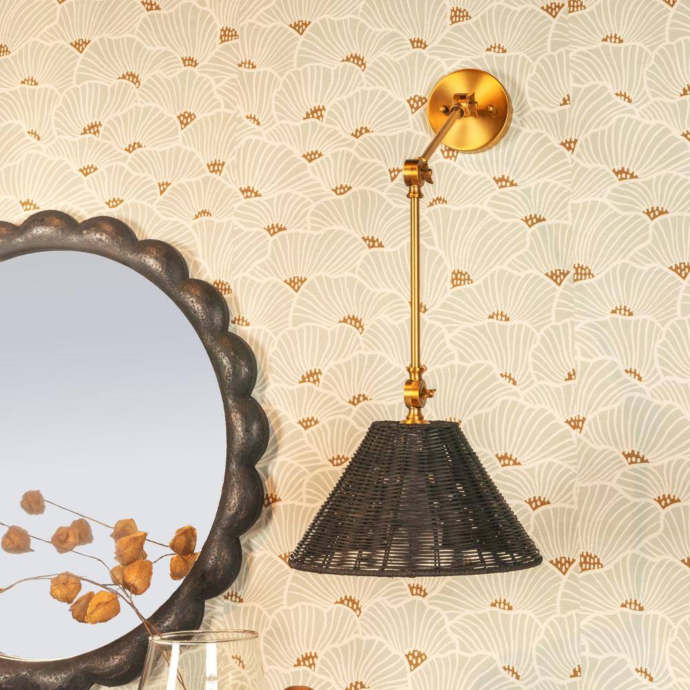 Adjustable Antique Brass Wall Sconce with Black Woven Rattan Shade
