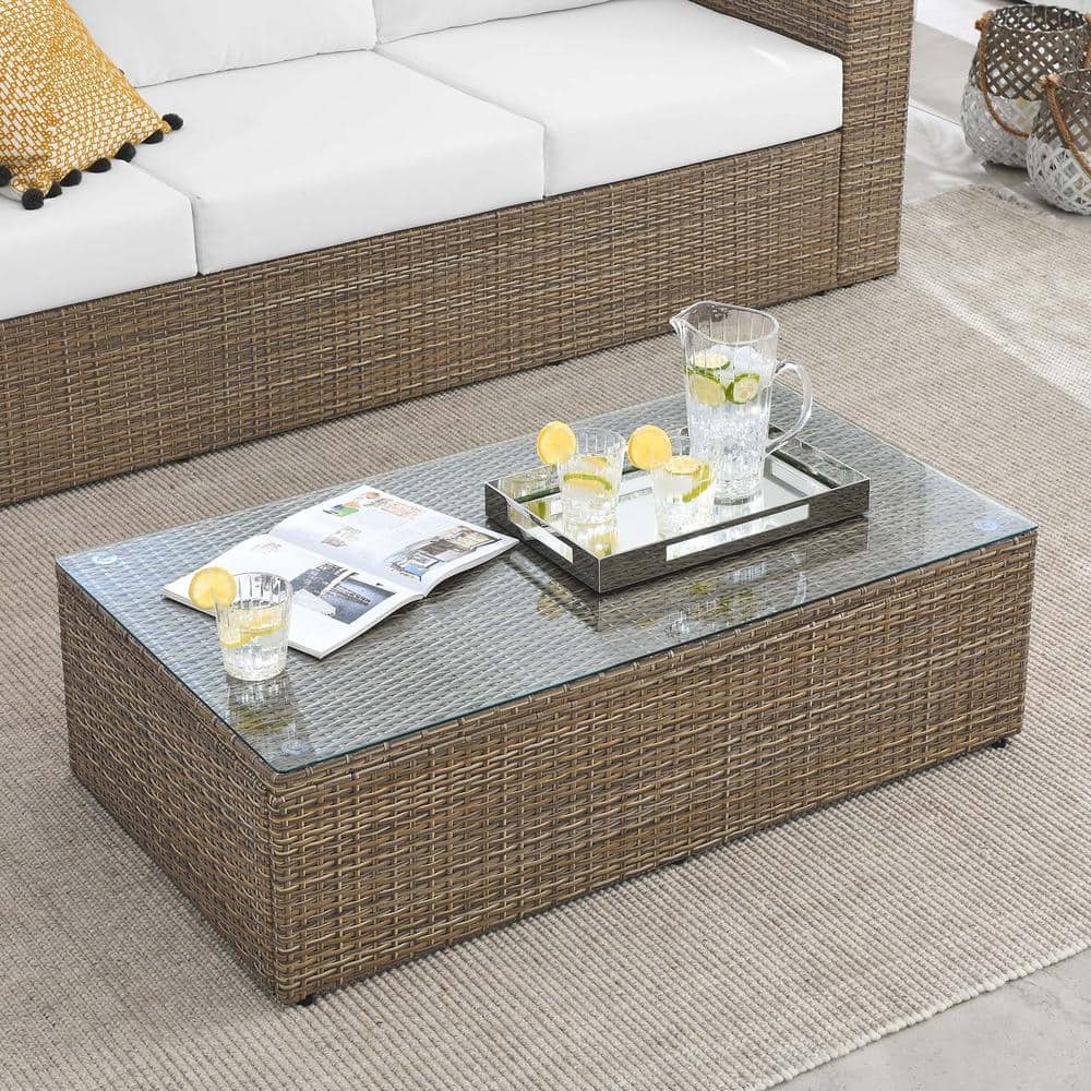 Convene Brown Rattan Outdoor Patio Coffee Table with Glass Top