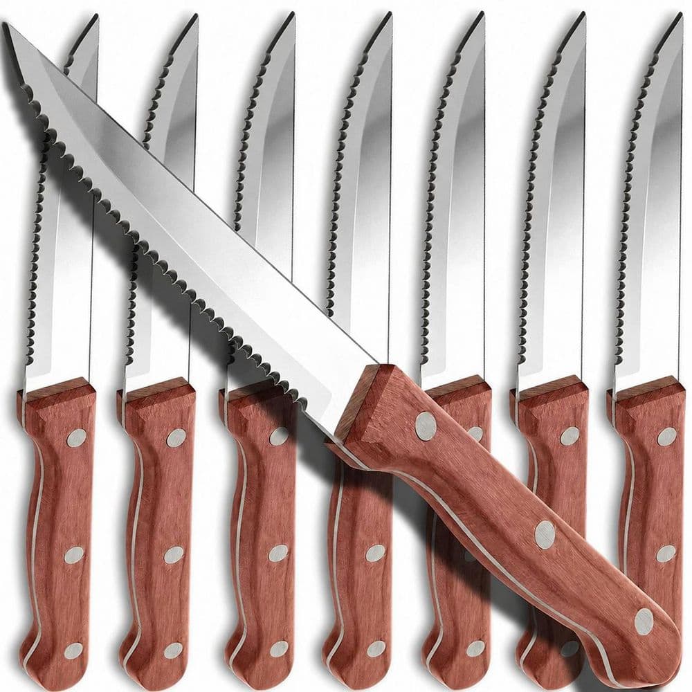 Set of 8 Serrated Steak Knives with Wooden Handles and Stainless Steel Blades, Full Tang Design price history on PriceWatchPro