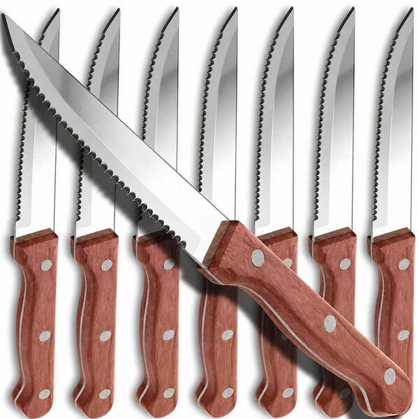Set of 8 Serrated Steak Knives with Wooden Handles and Stainless Steel Blades, Full Tang Design