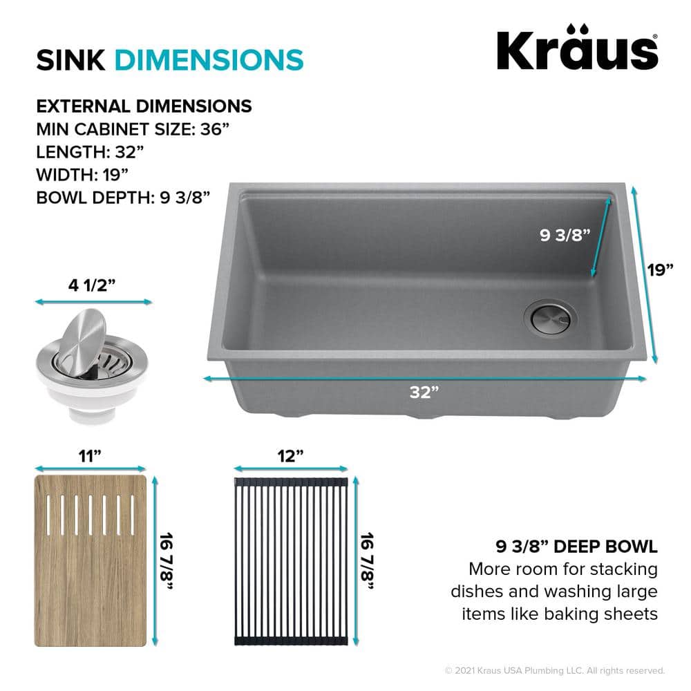 Metallic Gray Quartz Composite Single Bowl Drop-In Kitchen Sink