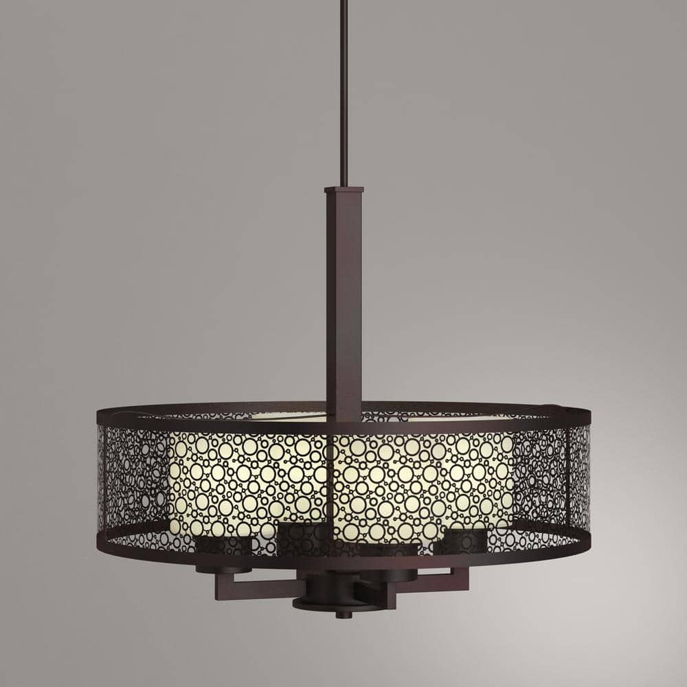 Antique Bronze Drum Pendant Light with Natural Parchment Glass