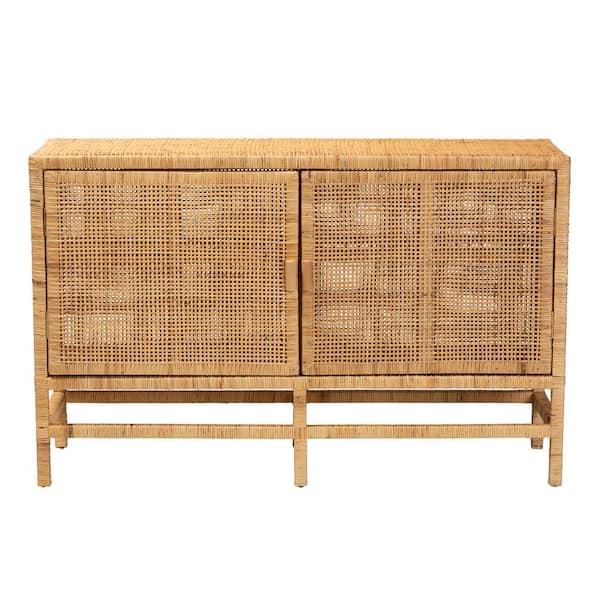 Baxton Studio Vivan Modern Bohemian Natural Brown Rattan and Mahogany Wood Storage Cabinet