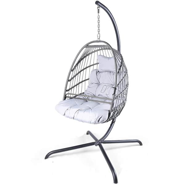 Sudzendf Metal Porch Swing Hammock Egg Basket Chairs with UV Resistant Gray Cushion and Stand
