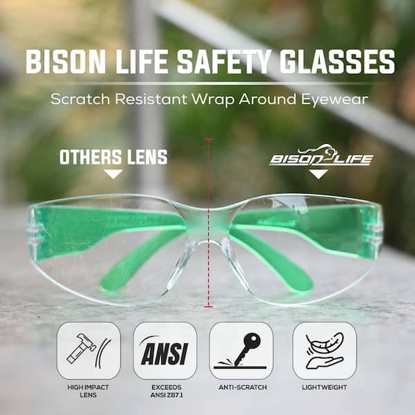 BISON LIFE Green, Crystal Clear Lens Color Temple Safety glasses