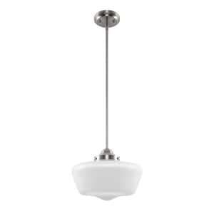 1-Light Brushed Nickel Farmhouse Mini Pendant Light with Milk White Frosted Glass Shade for Kitchen and Entryway