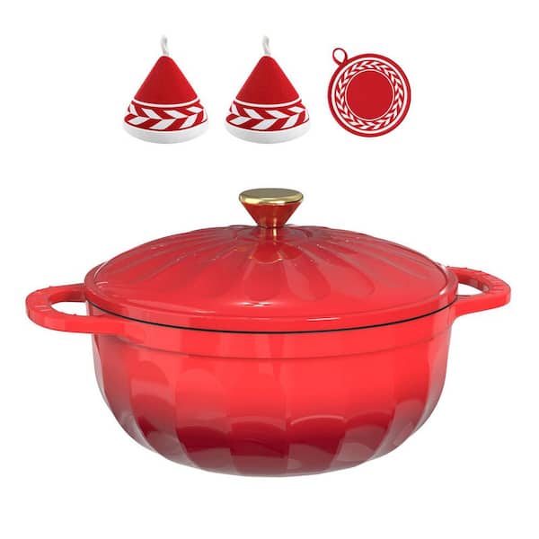 7.5 qt. Petal‑Shaped Enamel Cast Iron Dutch Oven in Red with Heat‑Resistant Mitts and Pot Mat