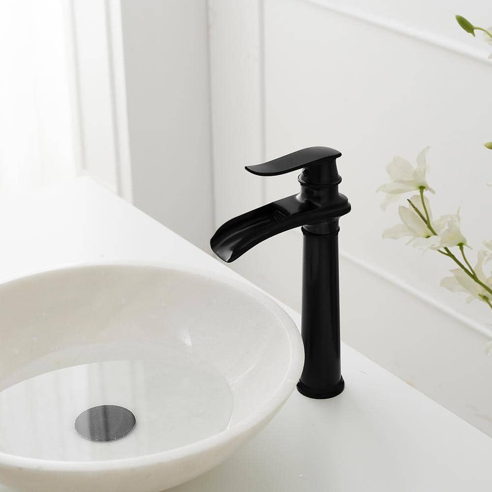 Matte Black Brass Waterfall Vessel Sink Faucet with Pop-Up Drain