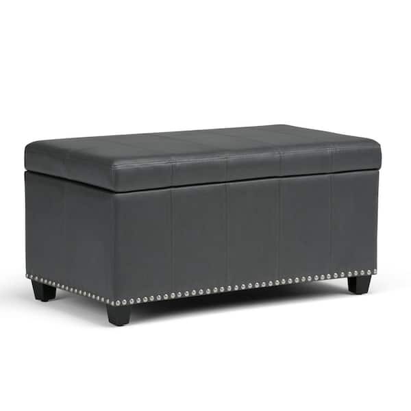 Simpli Home Amelia 34 in. Wide Transitional Rectangle Storage Ottoman Bench in Stone Grey Faux Leather
