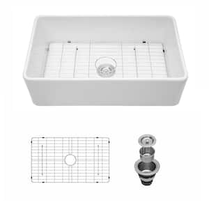 White Ceramic 33 in. Single Bowl Farmhouse Apron Kitchen Sink with Bottom Grid
