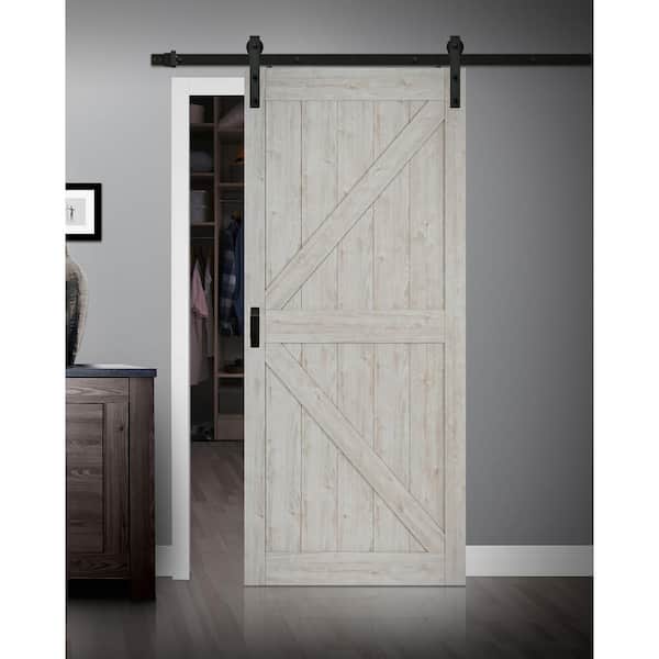 K Design 36 in. x 84 in. Ashen Grey Finished MDF Sliding Barn Door with Bent Strap Hardware Kit