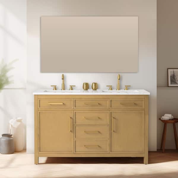 Logan 54 in. W Bath Vanity in Sand with Engineered Stone Top in Carrara White with White Sinks