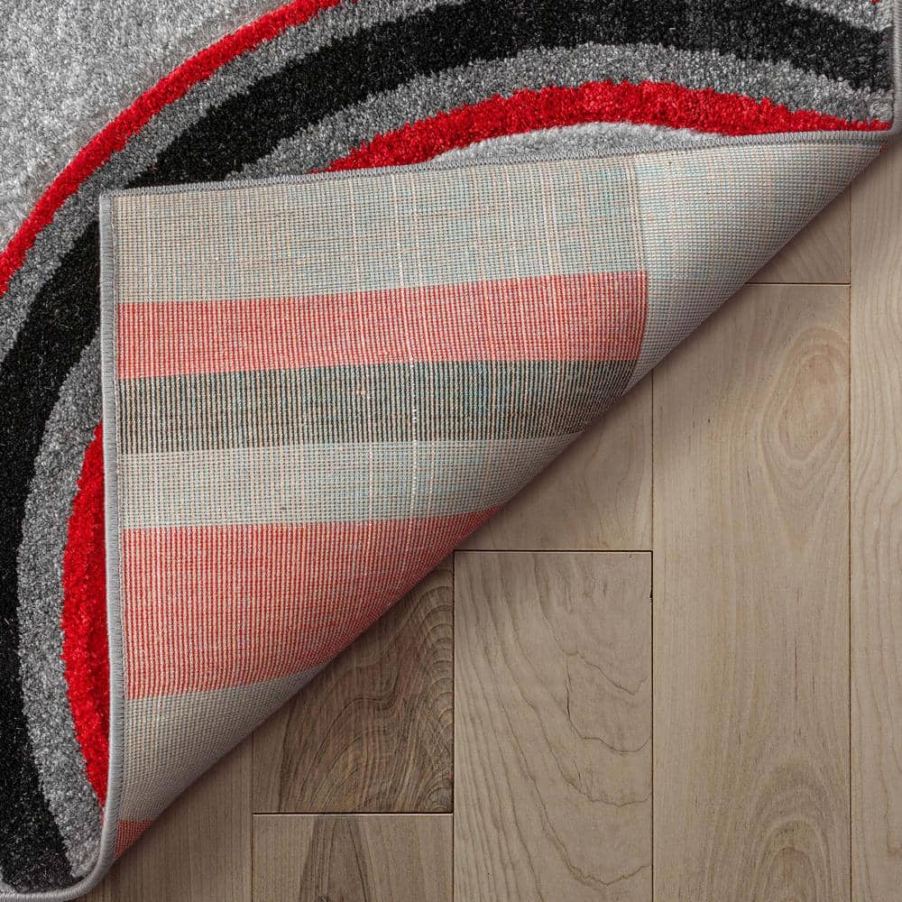 Large Gray and Red Synthetic Geometric Area Rug