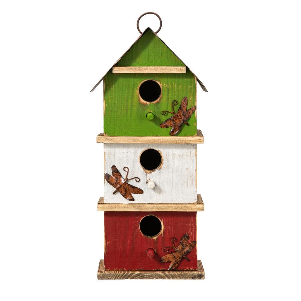 Glitzhome 13.75 in. H Multicolored ThreeTiered Distressed Solid Wood Birdhouse 2003100044 The