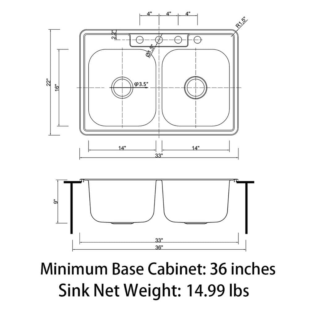 Sinber 33" Stainless Steel Double Bowl Drop-In Kitchen Sink