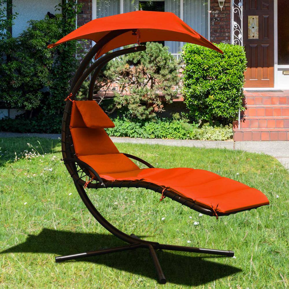 Orange Hanging Chaise Lounge Chair with Cushions and Canopy