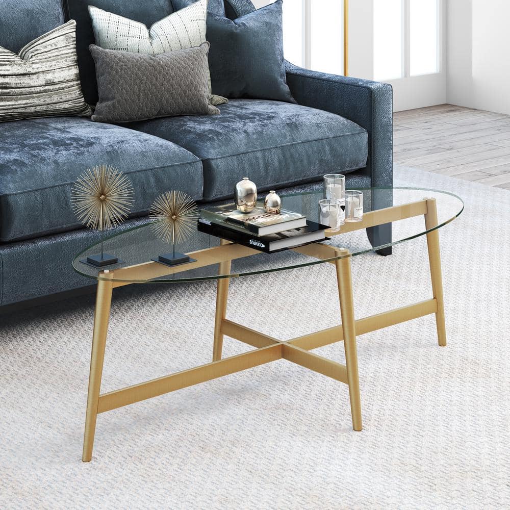 Elliptical Brass and Glass X-Base Coffee Table