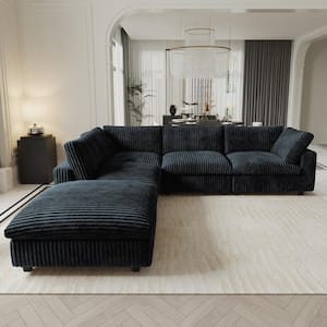 157.48 in. W Square Arm Soft Faux Rabbit Fur Velvet Modular Sectional Sofa with Ottoman in Black