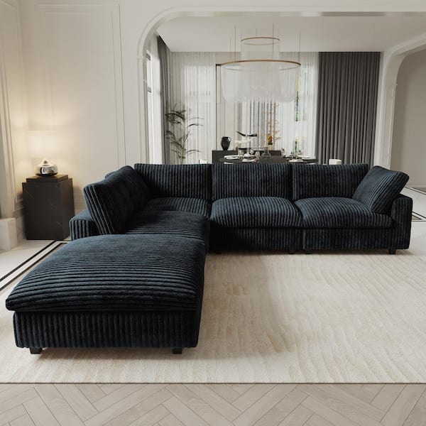 157 in. Square Arm Faux Rabbit Fur Velvet 5-Piece Free Combination Cloud Modular Sectional Sofa with Ottoman in Black