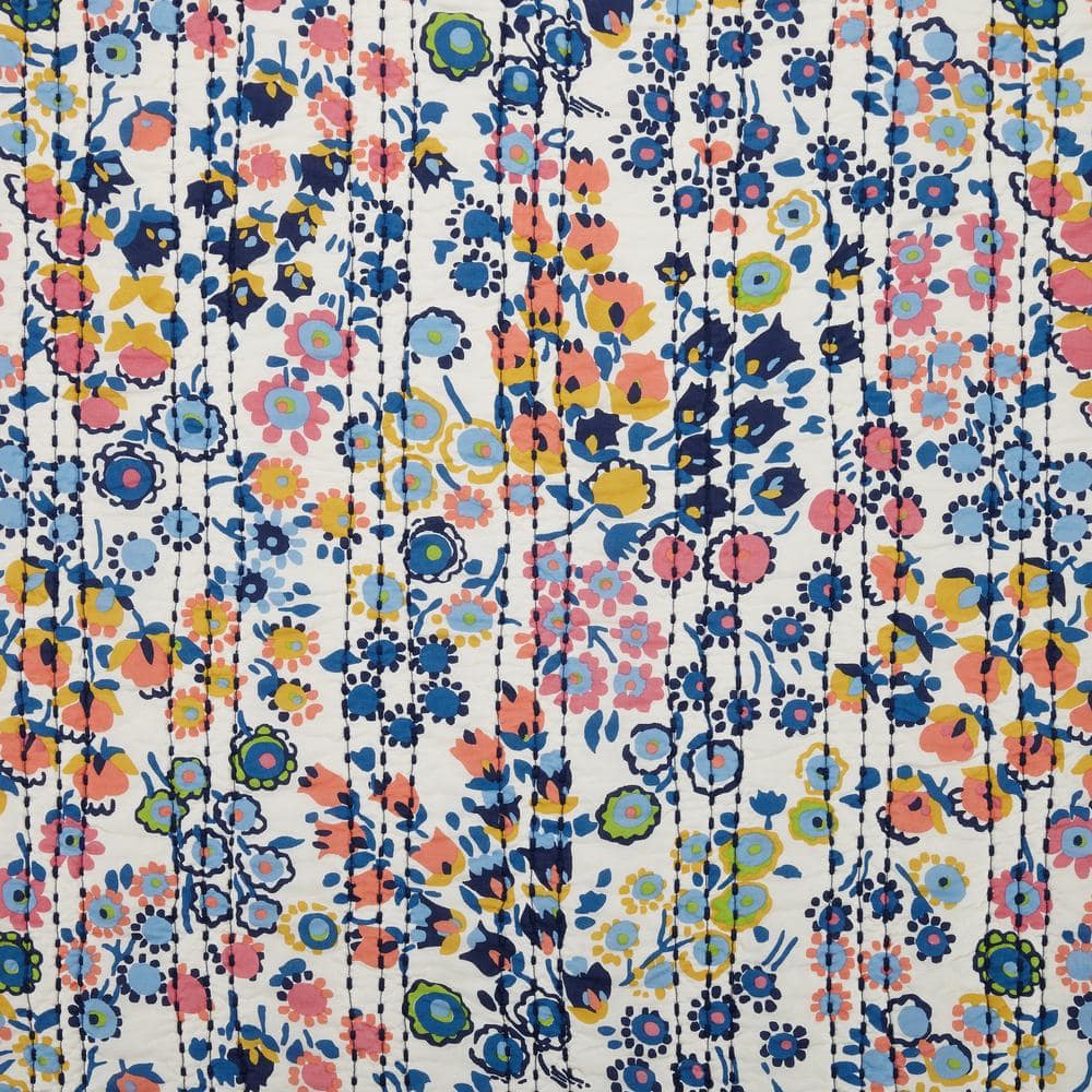 Blue Floral Cotton Twin Reversible Quilt Set
