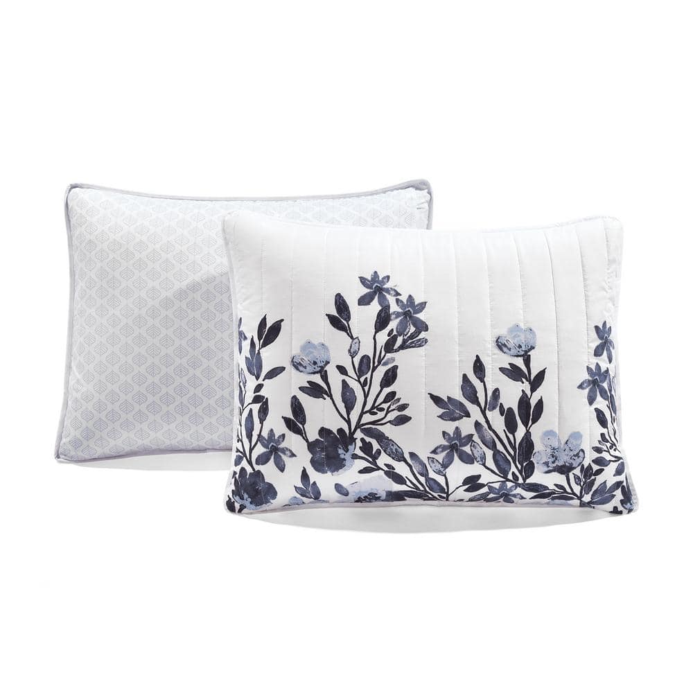 King Navy and White Reversible Microfiber Floral Quilt Set