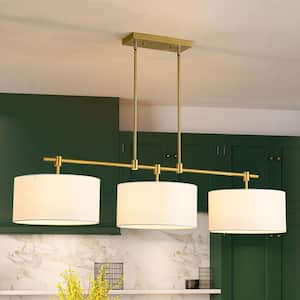 Charvic 3-Light Modern Farmhouse Gold Linear Drum Fabric Pendant Light /Kitchen Island Lights with Fabric Shade