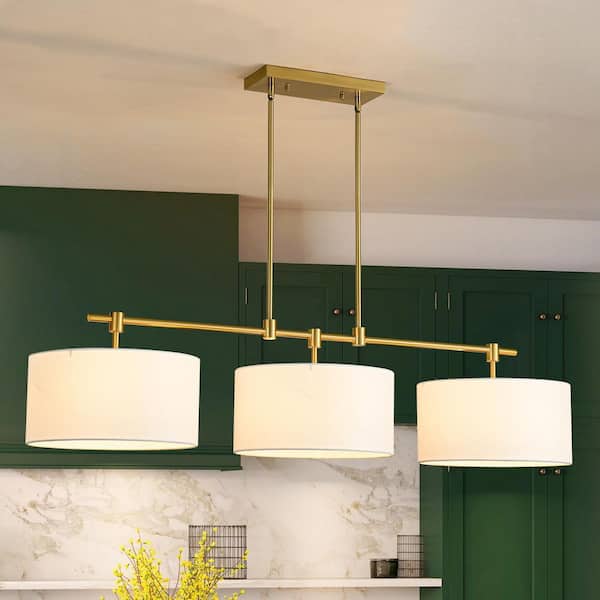 RRTYO Charvic 3-Light Modern Farmhouse Gold Linear Drum Fabric Pendant Light /Kitchen Island Lights with Fabric Shade