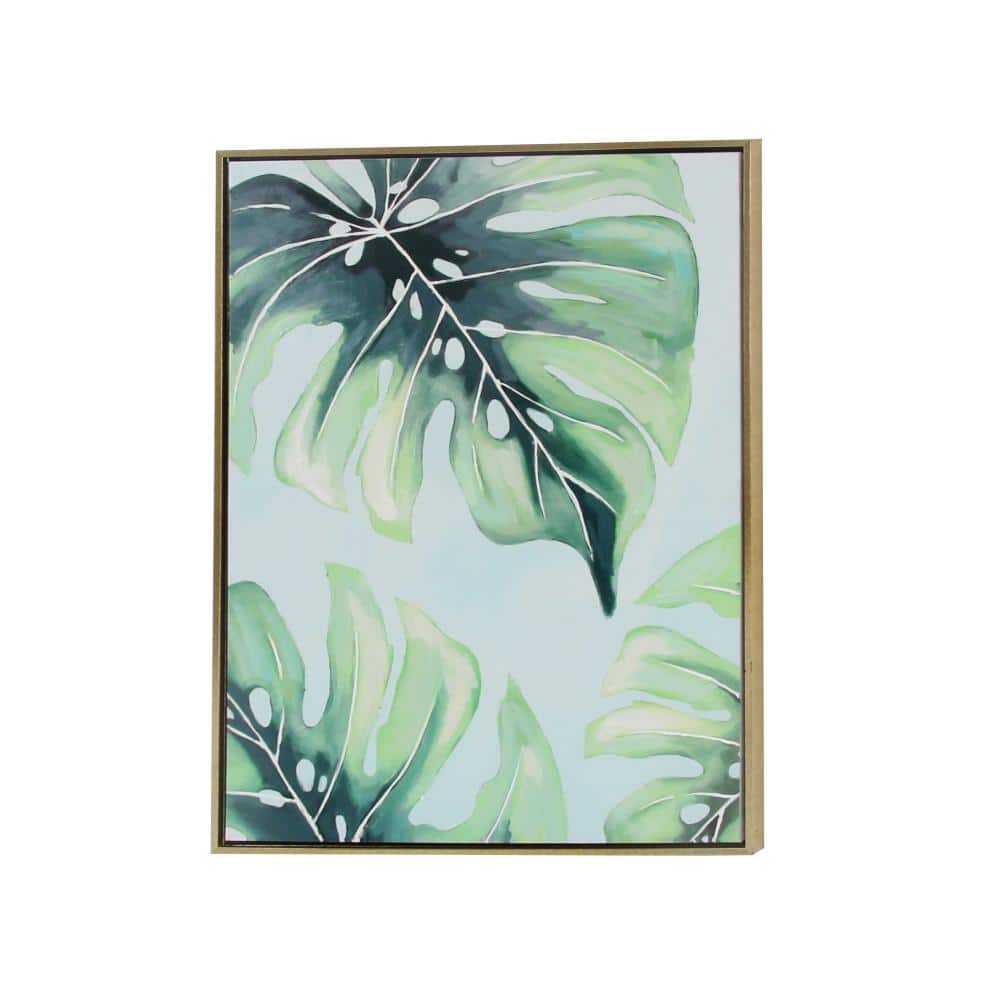 Green Monstera Leaf Abstract Canvas Wall Art with Gold Frame