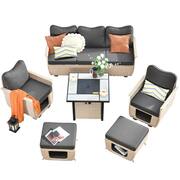 Echo Beige 6-Piece Wicker Outdoor Multi-Functional Patio Conversation Sofa Set with a Fire Pit and Black Cushions