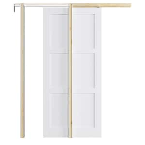 36 in. x 80 in. White Primed 3-Lite MDF Door with Solid Core Pocket Sliding Door Frame with Hardware and Soft Close