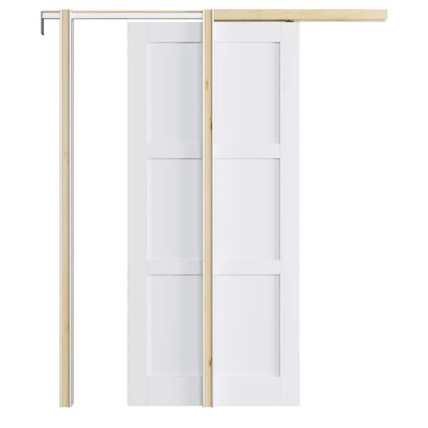 ARK DESIGN 36 in. x 80 in. White Primed 3-Lite MDF Door with Solid Core Pocket Sliding Door Frame with Hardware and Soft Close