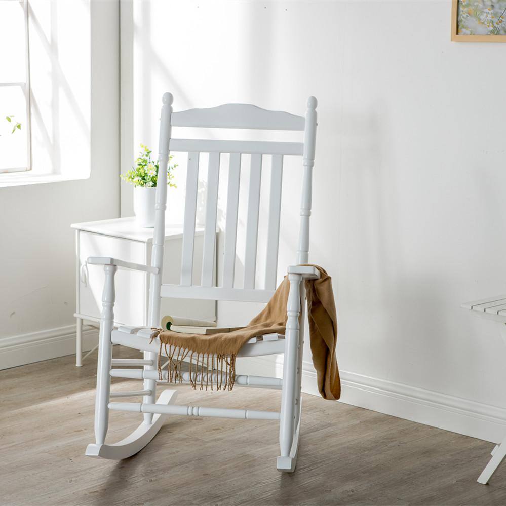 White Wood Traditional Outdoor Rocking Chair Set with Foldable Side Table