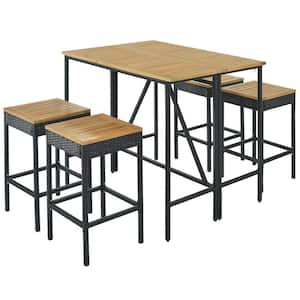 Black 5-Piece Patio Wicker Rectangular Bar Height Dining Table, Stool Outdoor Dining Set w/ Folding Acacia Wood Tabletop