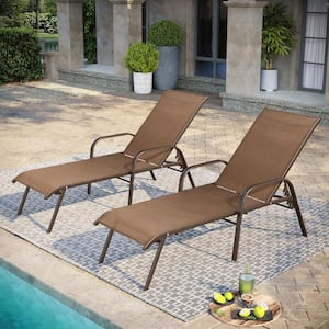 2-Piece Metal Adjustable Outdoor Chaise Lounge in Brown with Arms