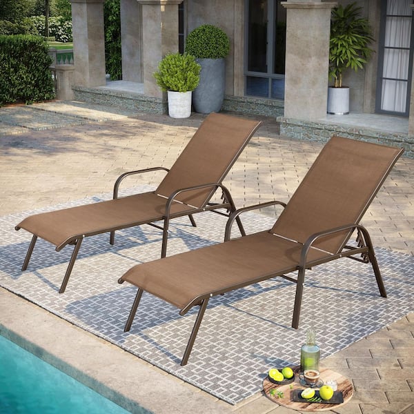 Pellebant 2-Piece Metal Adjustable Outdoor Chaise Lounge in Brown with Arms