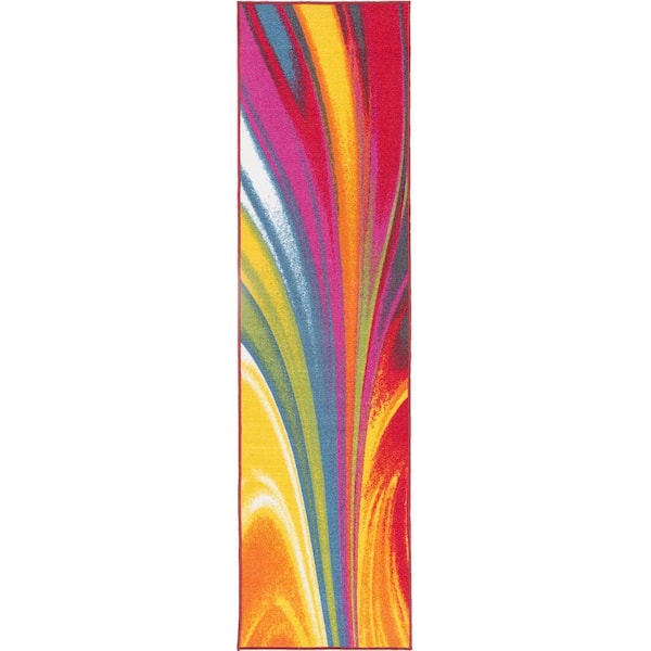 Modern Contemporary Waves Non-Slip (Non-Skid) Multi 24 in. x 120 in. Runner Rug