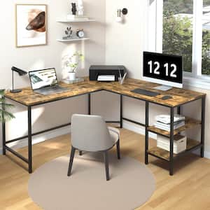 53.5 in. W Brown Industrial L-Shaped Computer Writing Corner Desk with 2-Shelves