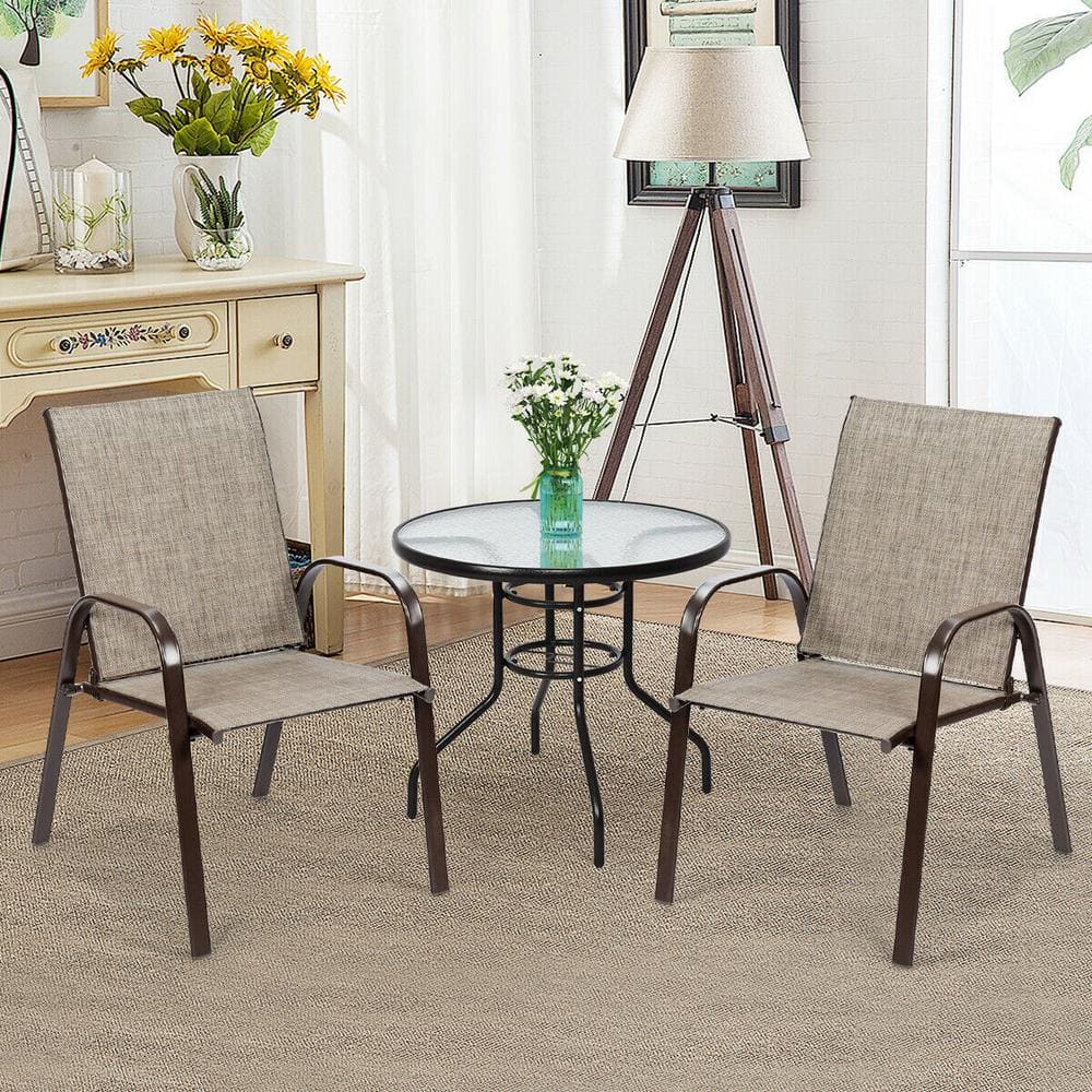 Gray Steel Frame Outdoor Dining Chairs with Armrests, Set of 2