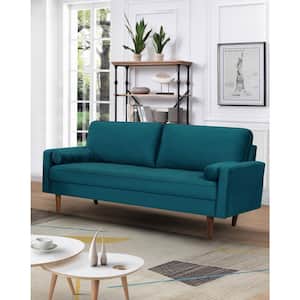 Kalum 70 in. Wide Square Arm Velvet Mid-Century Modern Rectangle Sofa in Greenish Blue